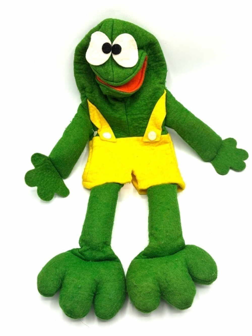 Vintage 1980 Crazy Critters Frog Hand Puppet Felt Plush Yellow Overalls